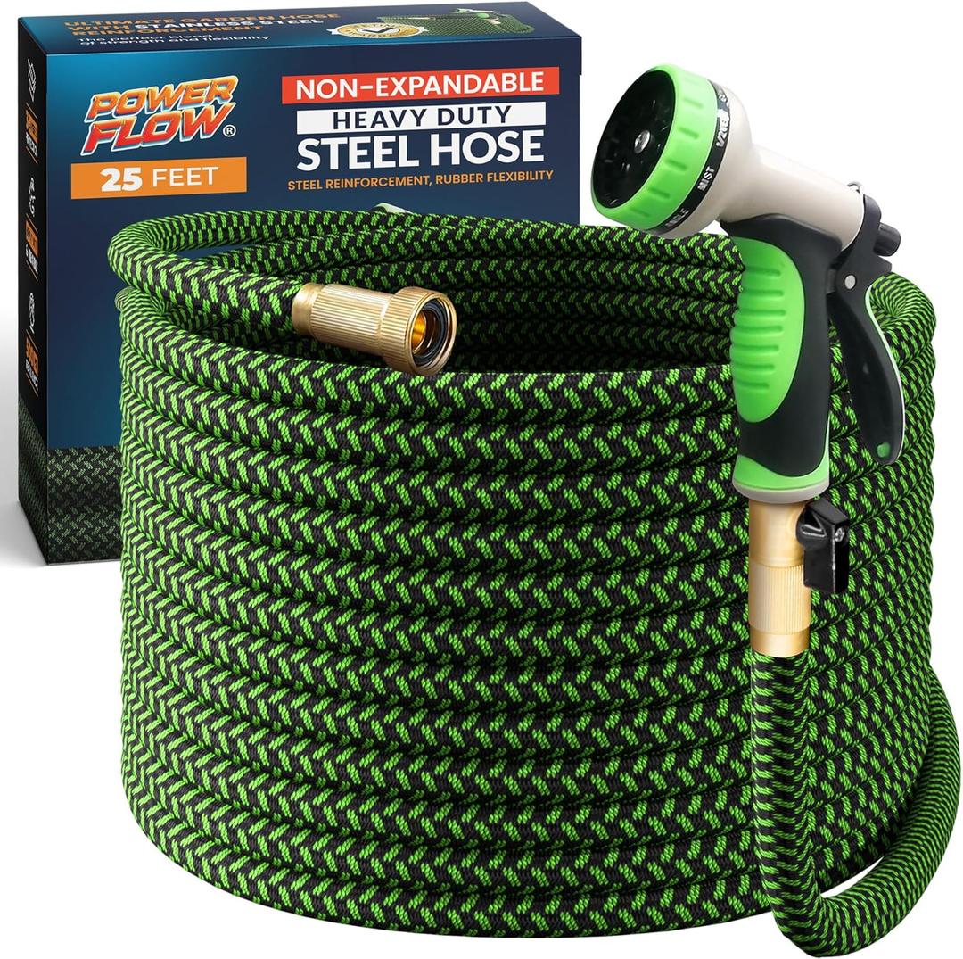 PowerFlow Garden Hose, NON-EXPANDABLE 25 Feet Premium Quality Stainless Steel Metal Water Hose with Durable Fabric Skin, Hose For Commercial, Residential Use, Bonus 10-way Spray Nozzle (25 Ft, Green)
