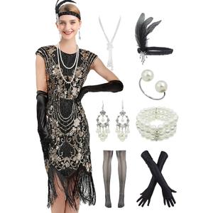 Women's 1920s Cap Sleeve Great Gatsby Sequin Art Deco Flapper Fringed Cocktail Dress w/Accessories Set (X-Large, Black Gold)