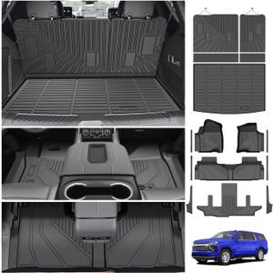 Powerty Floor Mats for 2021-2025 2026 Chevy Chevrolet Suburban/GMC Yukon XL 7 Seats Accessories, All Weather TPE Cargo Liner Seat Back Covers with Door Sill Guards Protectors,Full Coverage Set