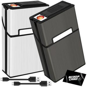 roygra Cigarette Case with Lighter (2 Pack), King Size 85mm Magnetic Switch 20 Capacity Holder Case for Men Women, Accessories, Rechargeable Flameless Windproof Electric Lighters (Gray+Silver)