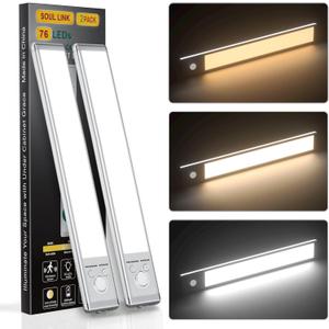 Under Cabinet Lights,76 LED Operated Motion Sensor Light Indoor,1500mAh USB Rechargeable Closet Lights, 2 Pack Magnetic Dimmable Closet LightsWireless Under Counter Lights for Kitchen, Stairs (9.5inch - 2pack)