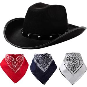 Spooktacular Creations Western Cowboy Hat, Felt Hat, Cowboy Cowgirl Accessory Set with 3 Pcs Bandanas for Halloween Party (Black)