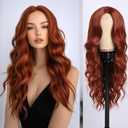 Long Red Wave Wig for Women Middle Part Copper Red Wavy Wigs Natural Looking Synthetic Heat Resistant Fiber Wigs for Party Daliy Use (26 Inch)
