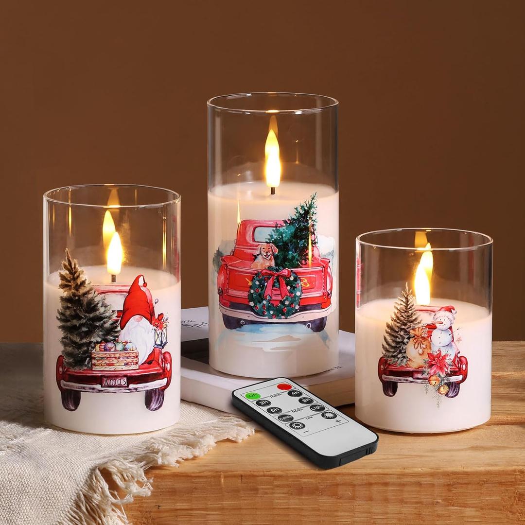 Eywamage Christmas Glass Flameless Candles with Remote, Flickering LED Pillar Candles Holiday Table Decor Gift Set of 3 (Red Truck)