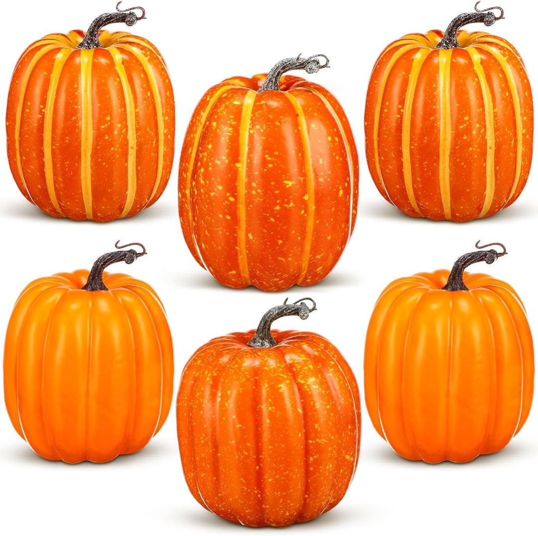 6 Pcs Thanksgiving Fall Large Orange Foam Pumpkins 7.28 Inch Jumbo Faux Foam Pumpkins Decorations Artificial Vegetables Halloween Giant Fake Artificial Decor for Autumn Harvest Home Kitchen
