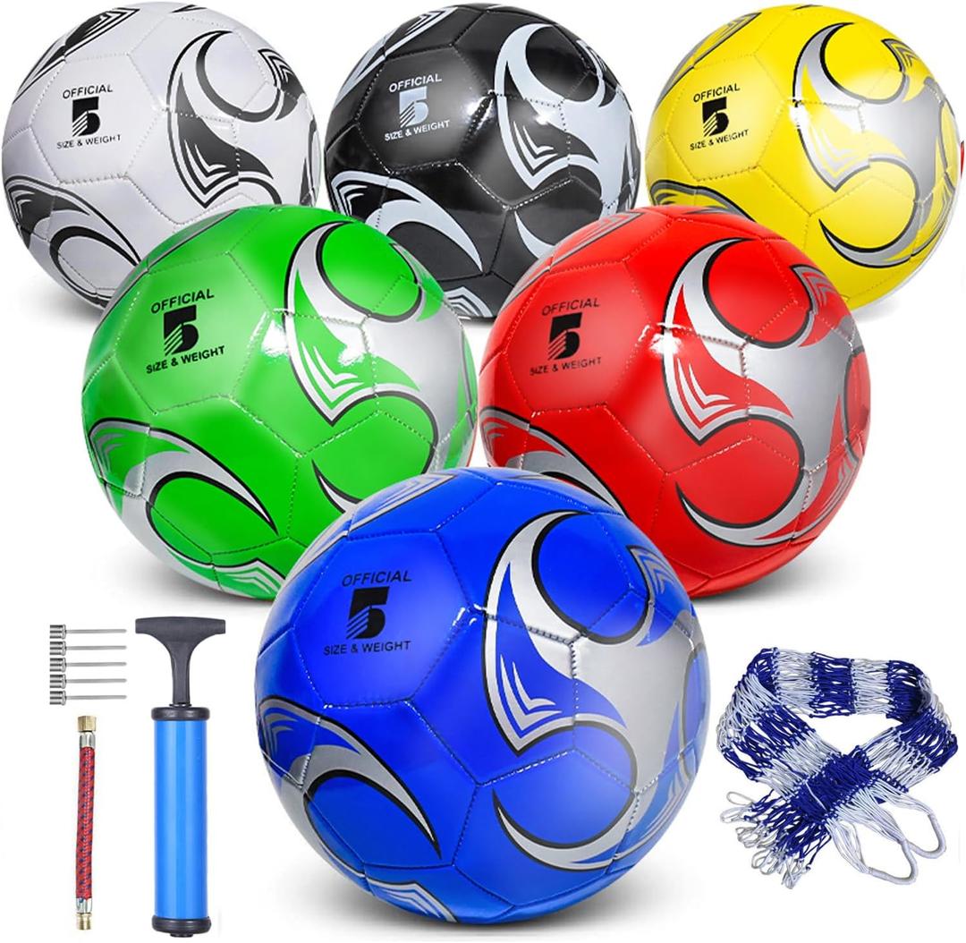 DHYLRICHER 6 Pack Size 5 Soccer Balls for Training & Matches – Official Size & Weight, Includes Carry Net, Needles, Air Pump – Ideal for Adult Players(Size 5)