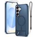 RMOCR for Samsung Galaxy S25 Plus Case with Screen Protector+Lanyard Wrist Strap,Magnetic Translucent Matte Rugged Slim Phone Cover Built in Invisible Kickstand [Fit for MagSafe],2025 Navy Blue