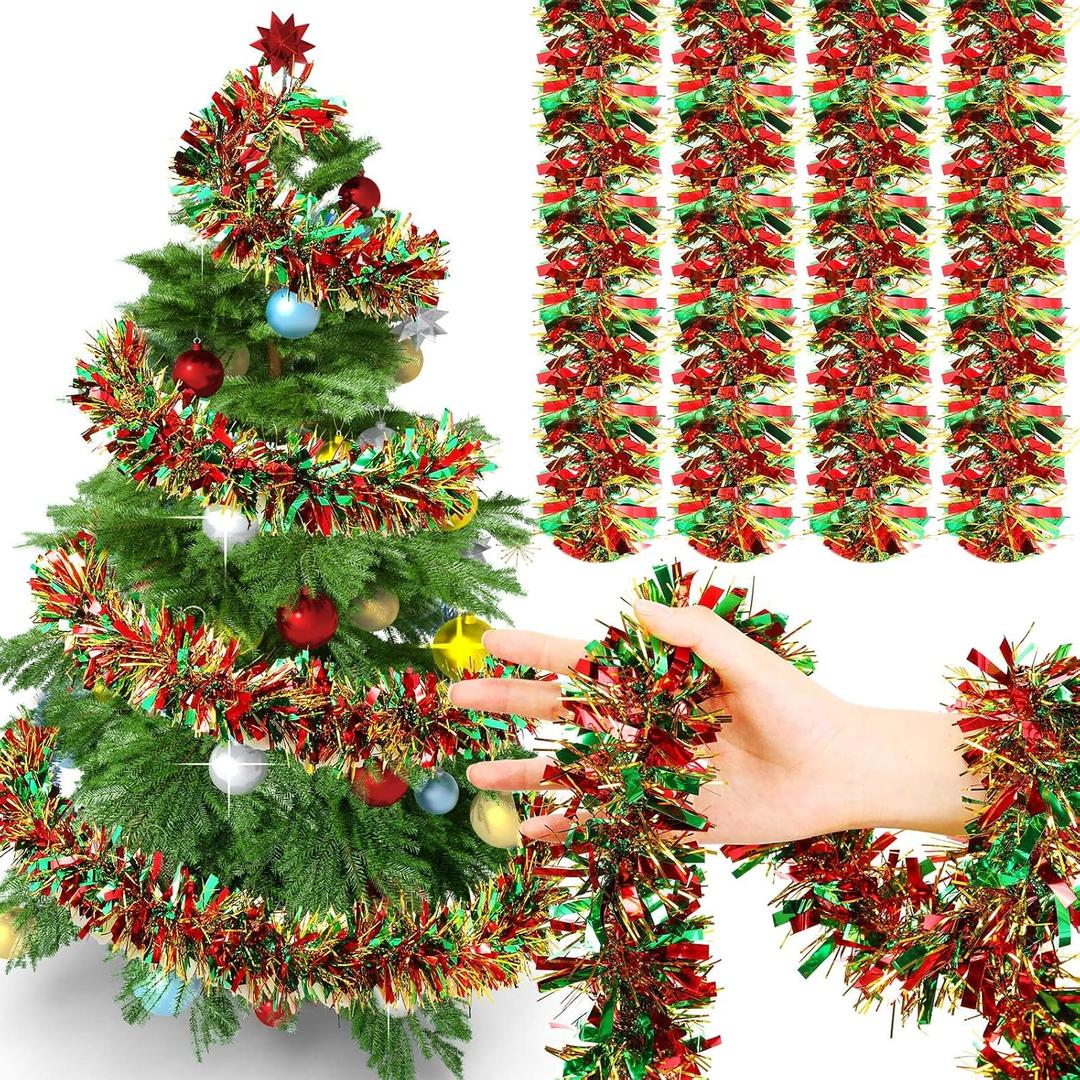 Dilunave 40 Feet Christmas Tinsel Garland Metallic Foil Twist Tinsel Garland Decoration for Christmas Tree, Wedding, Birthday and Party Hanging Decorations(Red, Green, Gold)