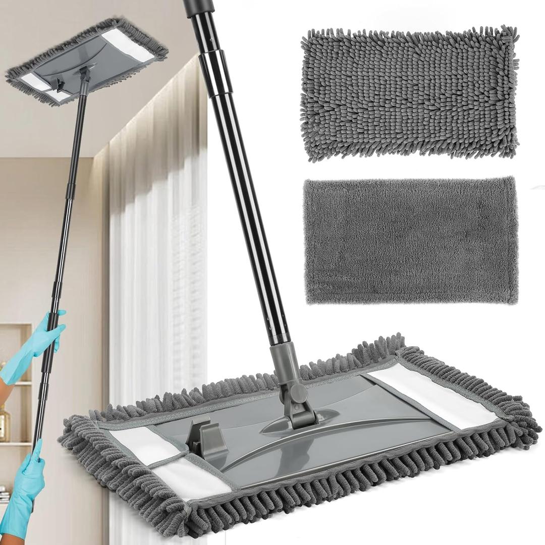 Wall Cleaner Mop with Long Handle, Wall Dust Cleaning Mop for Washing Walls with 2 Microfiber Reusable Pads,Floor Dry Wet Dust Mops for Wall Washer, Floor ,Ceiling Cleaner, Baseboard Duster (Gray)