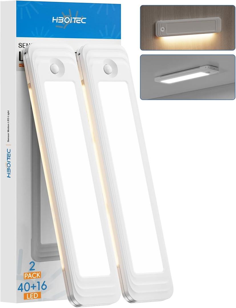 HIBOITEC Under Cabinet Lighting Motion Sensor Wireless, 56 LED Lights for Kitchen, Bedroom, Pantry, Adjustable Brightness Color Settings, Rechargeable Magnetic, 2 Pack (9.3inch-56LED)