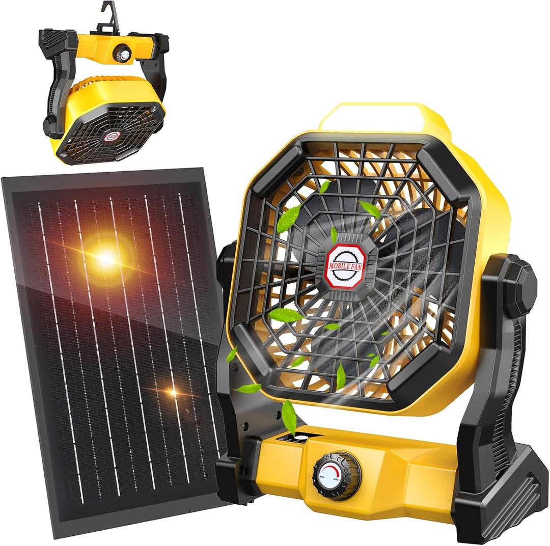 10400mAh Solar fan with LED Lantern, Camping Fan with Solar Panel, 7W Rechargeable Solar Powered Fan for Outside, Quiet Battery Operated Tent for Picnic, Barbecue, Fishing, Travel (Yellow)