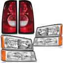 Headlights Tail Lights Assembly Combo Compatible with 2003-2006 Chevy Silverado 1500 2500 & HD Models, Chrome Housing Amber Side Headlamp + Taillight Rear Brake Lamp
