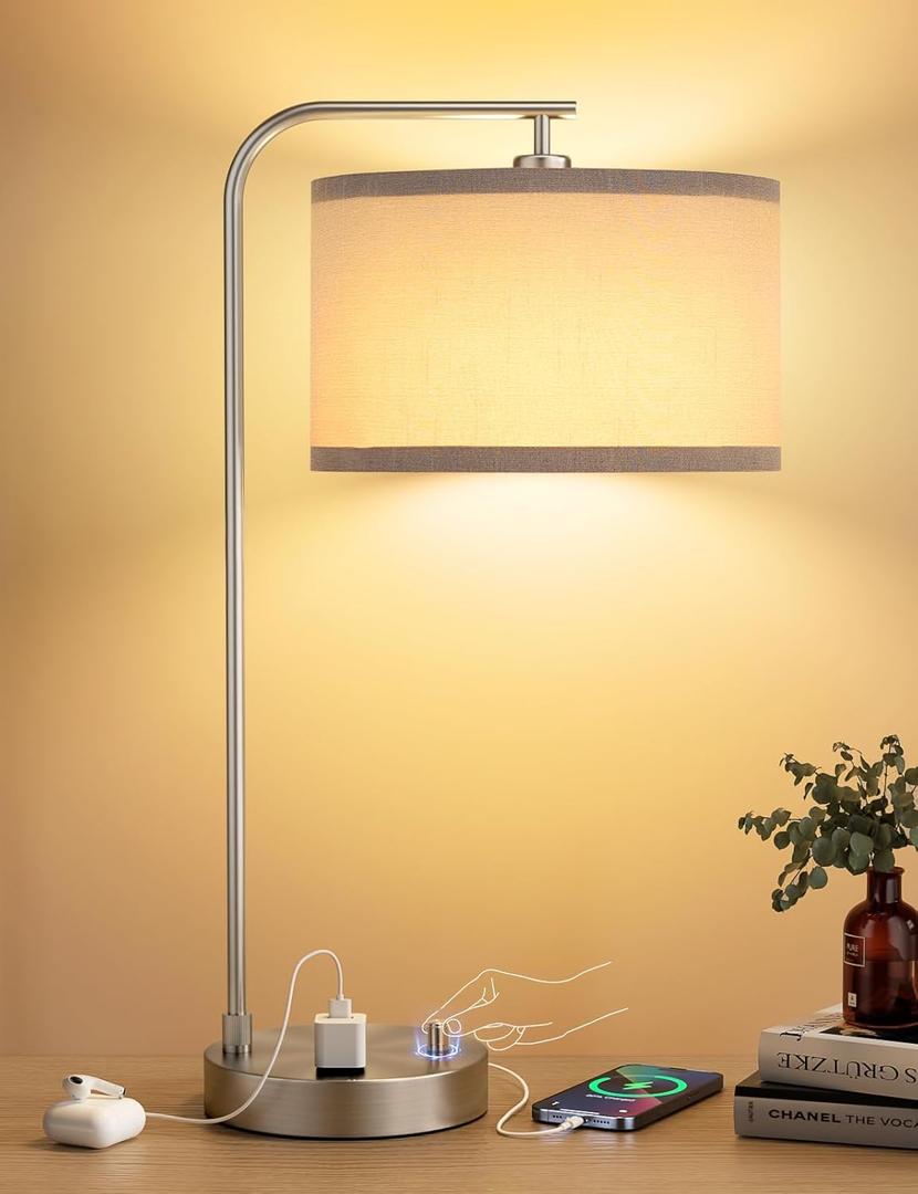 Innqoo Gray Side Table Lamp with USB Port and Outlet, Dimmable Nightstand Bedside Lamps with Linen Lampshade, Desk Lamp for Bedroom, Living Room, Guest Room, Home Office, LED Bulb Included