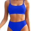 Tempt Me Women High Waisted Bikini Set Athletic Two Piece Swimsuits Sporty High Cut Bathing Suit with Scoop Neck (Royal Blue), M
