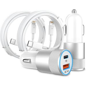 Car Charger, [Apple MFi Certified]2 Pack 48W Dual Port USB C Car Charger All Metal iPhone Fast Car Adapter with 2x3ft Lightning Cable for Carplay, Type C fast Charging for iPhone/iPad/Airpods and more