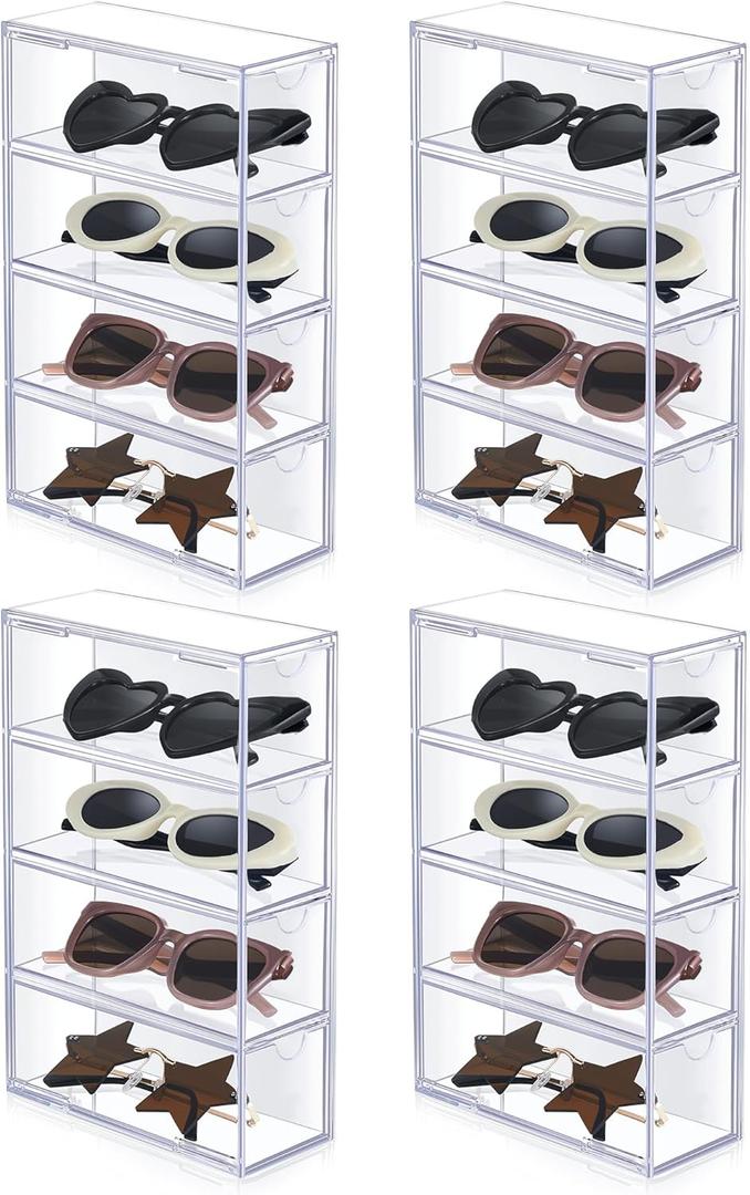 Sintuff 4 Pack Acrylic Sunglass Organizer with 4 Drawers Clear Eyewear Storage Display Case Eyewear Organizer for Women Eyeglass Holder Multiple Pair for Glasses Jewelry Watch Storage Tray