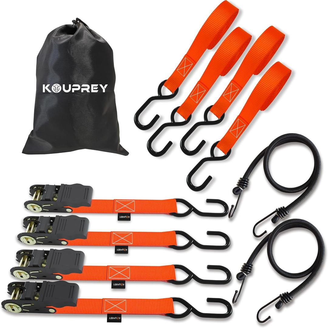 Ratchet Straps,Boat Tie Down Straps to Trailer, Motorcycle Straps,Kayak Tie Downs, 4-PK 1" x 15ft, 1800 LB Break Strength Safety S-Hook & 2 Bungees, Rubber Coated Handle Orange