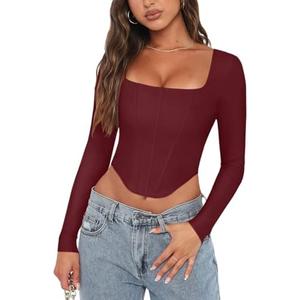 REORIA Womens Sexy Square Neck Long Sleeve Backless Going Out Boned Bustier Corset Crop Tops Large