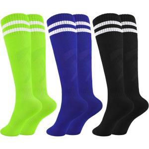Glooarm 3 Pairs Kids Soccer Socks Baseball Uniform Striped Knee High Socks Cotton World Cup for Boys Girls (Black, Blue, Light Green, 6-9 Years)