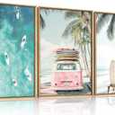 HOURIA Summer Surfboard Beach Framed Canvas Wall Art Set,Modern Ocean Surfing Seascape Wall Decor,Coastal Bus Coconut Tree Wall Painting,Nature Botanical Art Prints for Living Room, Bedroom-24 x36 x3