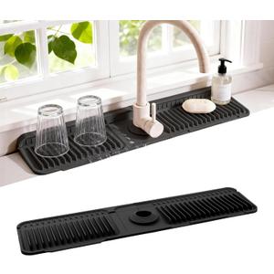 Faucet Mat for Kitchen Sink, 24"X5.5" Silicone Sink Splash Guard with Soap Holder, Snap-On Design & 7slope Fast Drain, Folding Sink Faucet Mat for Universal Kitchen Bathroom SinkBlack