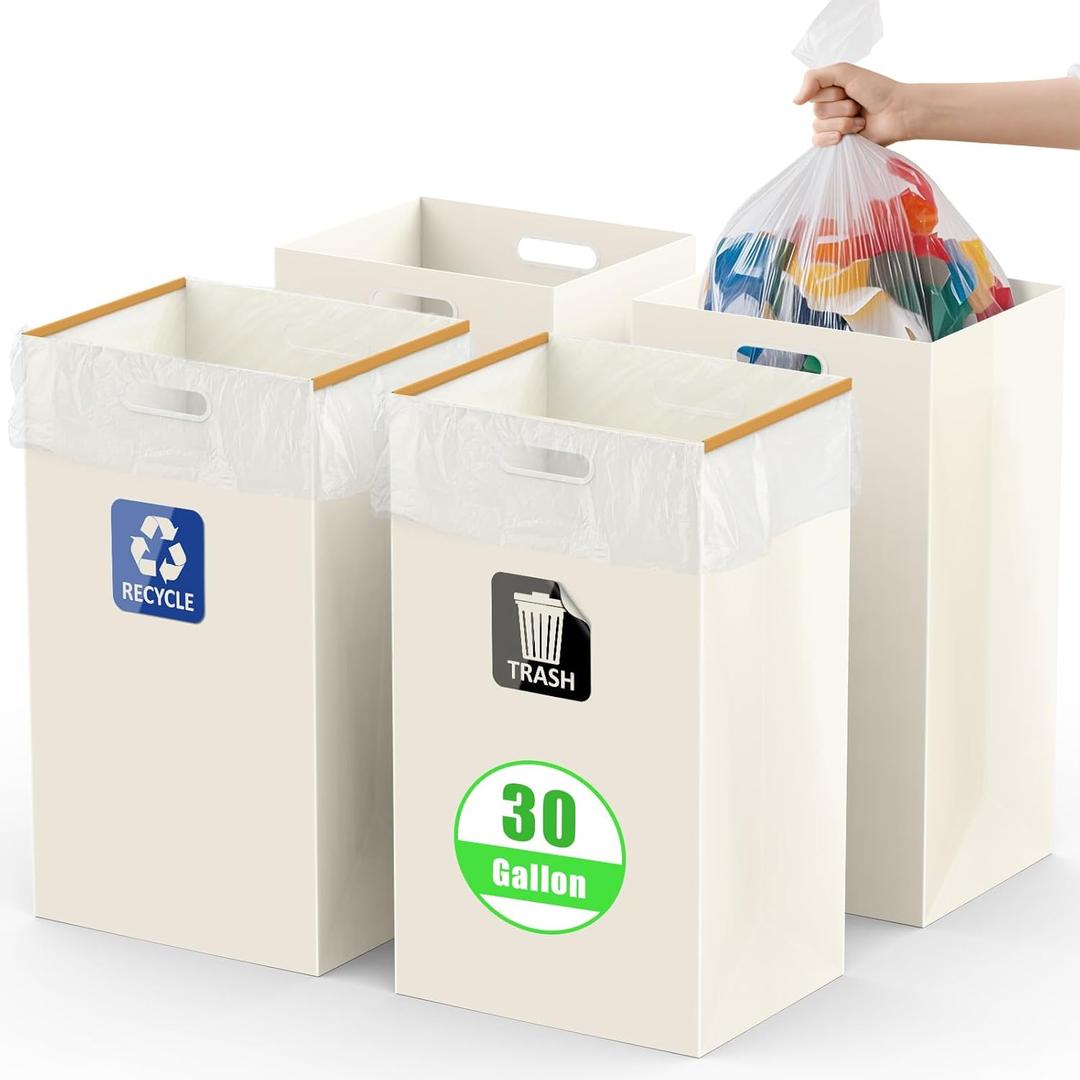 30 Gallon Disposable Trash Cans with Built-in Handles, 4 Pack Extra Large Portable Trash Can, Waterproof Layer Reusable Garbage Can, Recycling Bins, Extra-Thick Recycled Cardboard, Perfect for Parties (White)