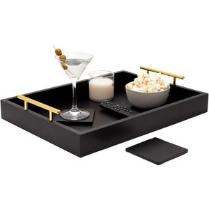 Juvale Black Serving Tray for Coffee Table with Coasters, Decorative Interchangeable Gold and Silver Handles (16x12)