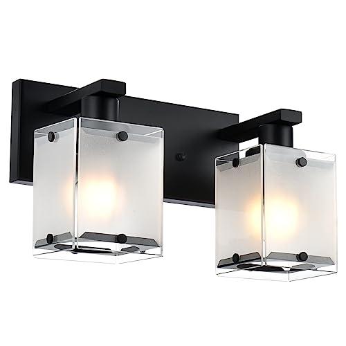 WINSHEN Black Wall Sconce Lighting, 2-Light Bathroom Vanity Light Fixture Wall Mount Lamp Over Mirror for Bedroom Bedside Studty Living Room, Rectangular Frosted Glass Shade