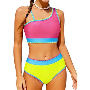 Funnycokid Girls Swimsuit Two Piece Bathing Suit Adjustable Straps Kids Bikini Sets Teens Swimwear 9-16Y (9-10 Years, Hotpink Yellow)