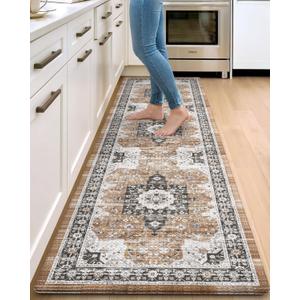 DEXI Kitchen Floor Mats Cushioned Anti Fatigue, 23x86 Long Rubber Standing Comfort Runner Rug, Waterproof Retro Floral Memory Foam Padded for Front Sink Laundry, 86"l X 23"w X 0.4"th, Black/Brown