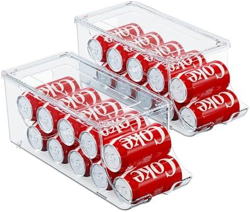 SCAVATA 2 Pack Stackable Refrigerator Organizer, Soda Can Dispenser Pop Cans Container Beverage Holder with Lid for Fridge, Freezer, Kitchen, Clear Plastic Storage Bins-Holds 10 Cans Each (Clear)