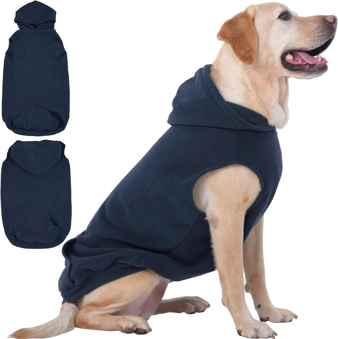 IECOii XXL Dog Hoodie for Large Dogs, Fleece Dog Sweatshirt for Large Breed Male Female Dogs,Pet Pouch Hoodie Winter Sweater Coat with Leash Hole, Warm & Lightweight Outfit for Pitbull, Blue, 2XL