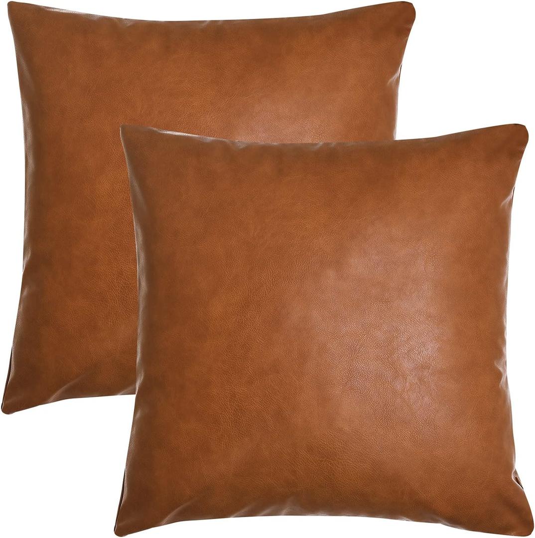 Tosewever Faux Leather Throw Pillow Covers, 18 x 18 inch Set of 2 Luxury Cognac Brown Modern Pillowcases Solid Decorative Square Cushion Cases for Bedroom Living Room Couch Bed Sofa (Brown, 18" x 18")