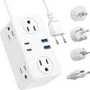 European Travel Plug Adapter, EU/UK/US Travel Plug Adapter Power Strip, 6 AC Outlets, 4 USB Ports (2 USB C), 3ft Wrapped Around Extension Cord, Universal Travel Adapter