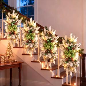 Christmas Teardrop Swag for Decorating, 24" Prelit Cordless Stair Decorations with Lights, 1 Pcs Artificial Christmas Garland Wreath for Staircase Front Door Home Window Decor (Green)