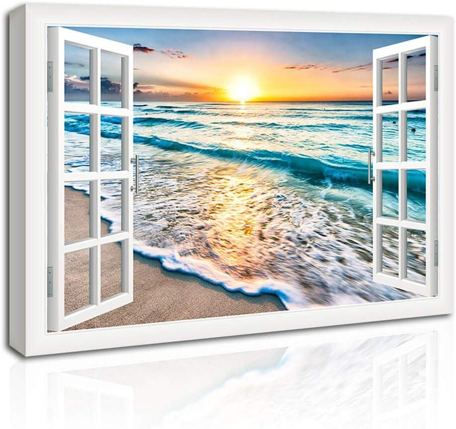 Wave Canvas Wall Art Sunset Ocean Nature Pictures Ready to Hang for Living Room Bedroom Home Decorations Modern Large Size Stretched Seascape Giclee Artwork Ready to Hang 30x40 Inch