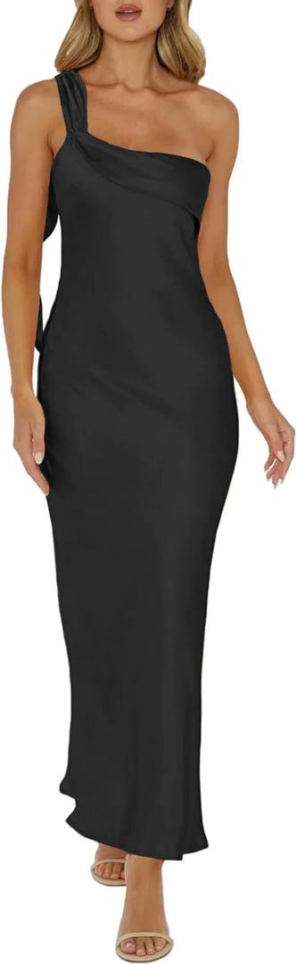 2026 Satin One Shoulder Maxi Dress for Women Summer Silk Formal Elegant Backless Ruffle Sleeveless Wedding Guest Dresses (Medium, Black)