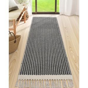 Lahome Boho Kitchen Runner, 2'6''x8 Runners for Hallways Lightweight Bath Mat Woven Washable Runner Rug with Tassels, Farmhouse Non Shedding Black Rug for Bedroom Living Room