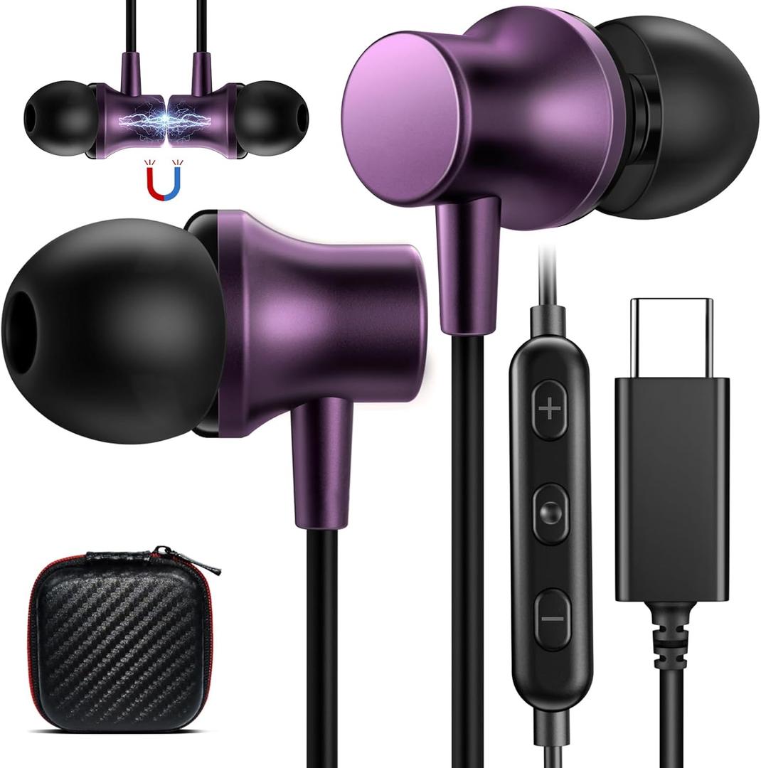 COOYA USB C Headphone Type C Wired Earbuds for iPhone 17 16 15 Pro Max iPad 10 Air 6 Pixel 9 8 Magnetic Bass Noise Canceling In-Ear Earphone+Mic for Samsung Galaxy S26 Ultra A16 S25 S23 for OnePlus 13 (Purple)