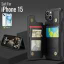 Compatible with iPhone 15 Wallet Case with Card Holder RFID Blocking for Women Men, Double Magnetic Clasp Kickstand Shockproof Phone Case Fit for iPhone 15, Black
