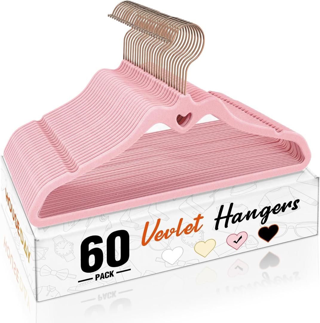 HOUSE DAY Pink Velvet Hangers 60 Pack, Non Slip Flocked Felt Hangers, Sturdy Velvet Clothes Hanger, Cute Heart Heavy Duty Coat Hanger, Ultra Slim Pink for Closet Space Saving