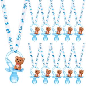 Coume 36 Pcs Baby Shower Pacifiers Necklace Bear Bottle Acrylic Baby Pacifiers Charm Necklace for Guests Gender Reveal Party Favors Prize Table Scatter(Boy,White, Blue)