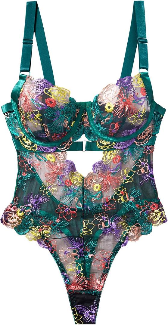 FEOYA Women Lingerie Sexy Floral Lace Bodysuit Deep V Strappy Mesh Corset One Piece XL (Green)