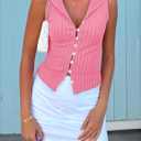 Tankaneo Womens Button Down Cropped Going Out Tank Tops Spring Summer Ribbed Vest Top Slim Fit Sexy Y2K Cute Shirts (Pink) L