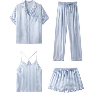 SAPJON Silk Pajamas for Women Set 4Pcs Ruffled Satin Pajamas Set Button Down Short Sleeve Cami Shorts Sleepwear Pj Set (Small, Blue Striped)