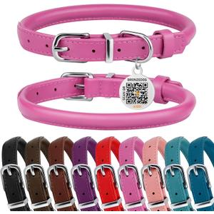 BRONZEDOG Rolled Leather Dog Collar for Small Medium Large Dogs with QR ID Tag (L: 16-18 Inch, Hot Pink)