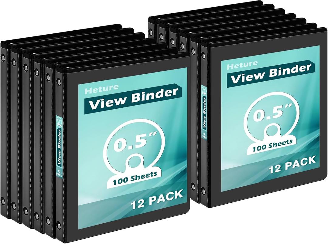Heture 3 Ring Binder 0.5 Inch 12 Pack, 0.5" Clear View Round Ring Binders, PVC-Free, Holds for 100 Sheets 8.5"x 11" US Letter Size Paper, 1/2 in Durable Black Binders for Office,School and Home.