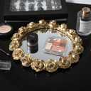 Gold Rose Mirrored Vanity Tray - Ornate Makeup Vintage Round Perfume Dresser Jewelry Trinket Organizer for Bathroom Storage Home Decor