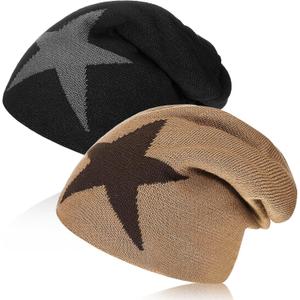 Chuarry 2 Pcs Y2k Hat Y2k Beanies Grunge Accessories Goth Star Graphic Knitted Slouchy Beanies Winter Warm Hat for Men Women Black, Khaki