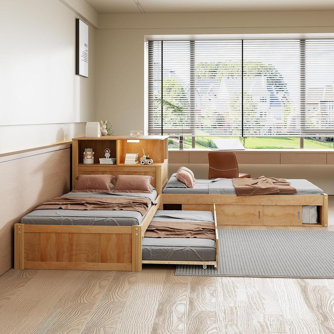 Merax Twin Size Platform Bed with Trundle and Storage Cabinets, L Shaped Corner Bed with Desk and Light, Wood Slats Support, 3 Beds in One Design, No Box Spring Needed